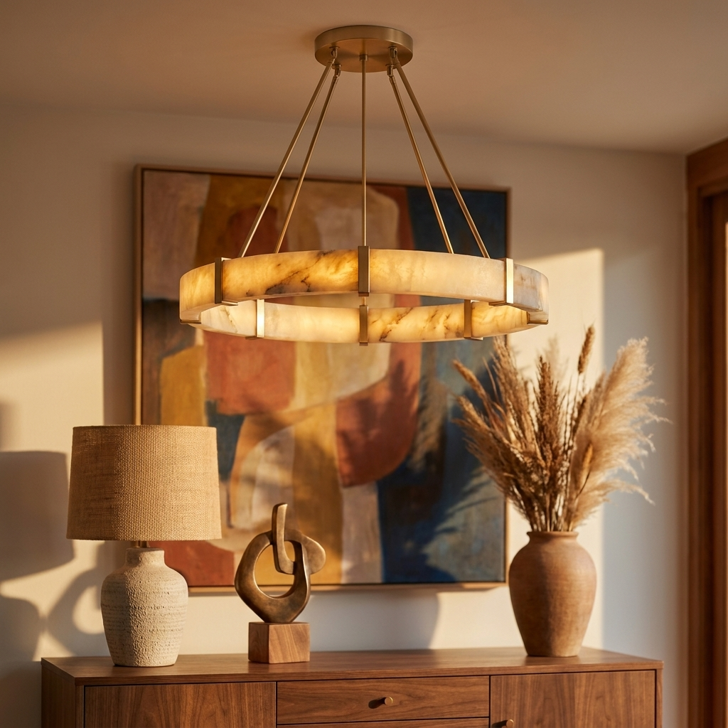 Aura chandelier in a mid-century entryway