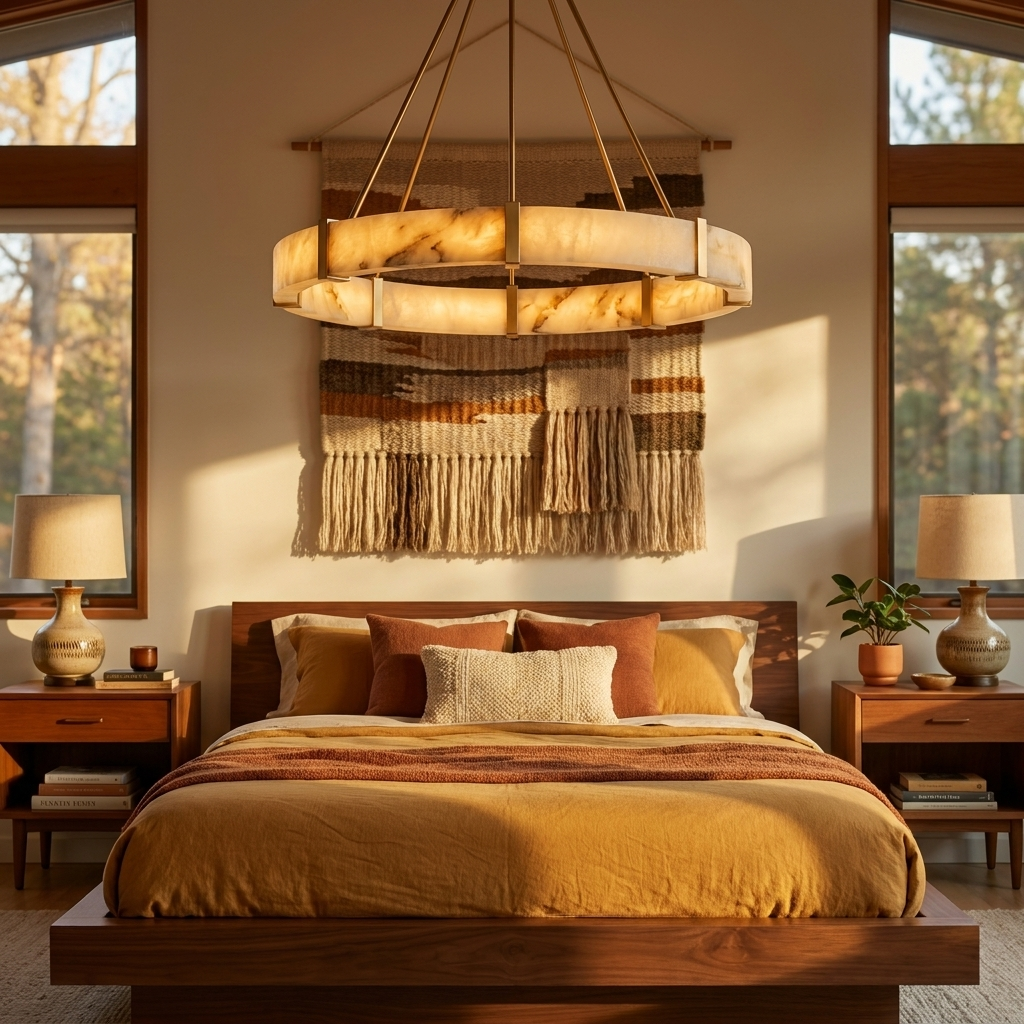 Aura chandelier in a mid-century bedroom