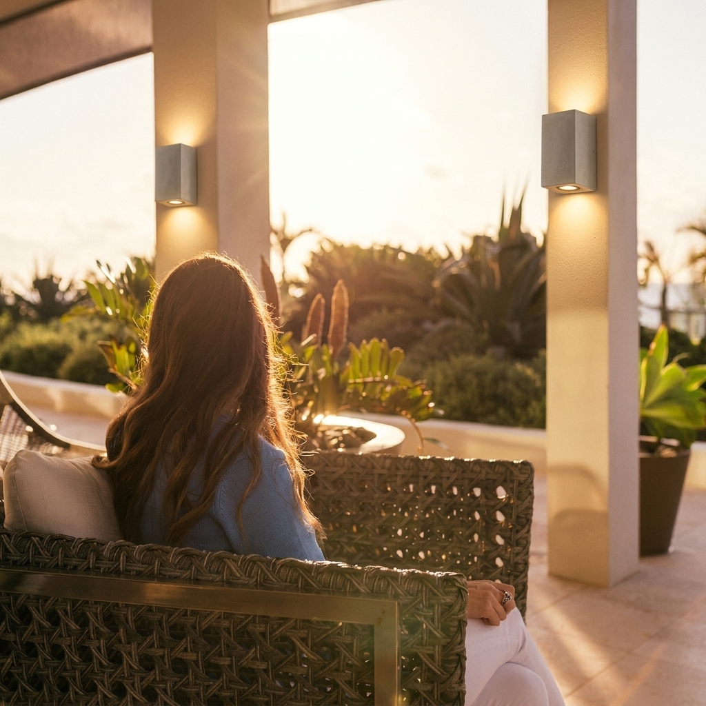 Ilse concrete up-down wall lights on a luxury golden-hour terrace with outdoor seating