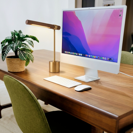 Ivo walnut-and-brass desk lamp on a modern walnut desk workspace