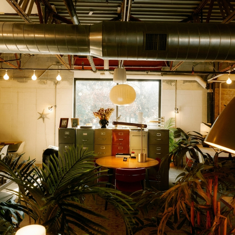 Ivo walnut-and-brass desk lamp in a plant-filled industrial loft workspace