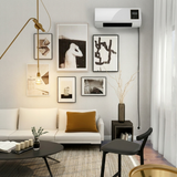 Vento AC mounted above a gallery wall in a modern living room