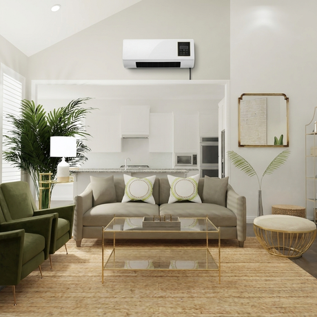 Vento AC mounted in a warm living room with green accent chairs