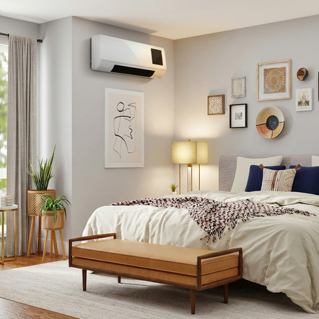 Vento AC mounted in a warm mid-century bedroom