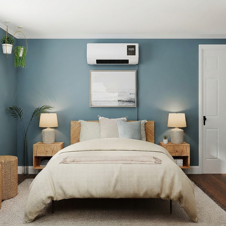 Vento AC mounted in a blue coastal bedroom