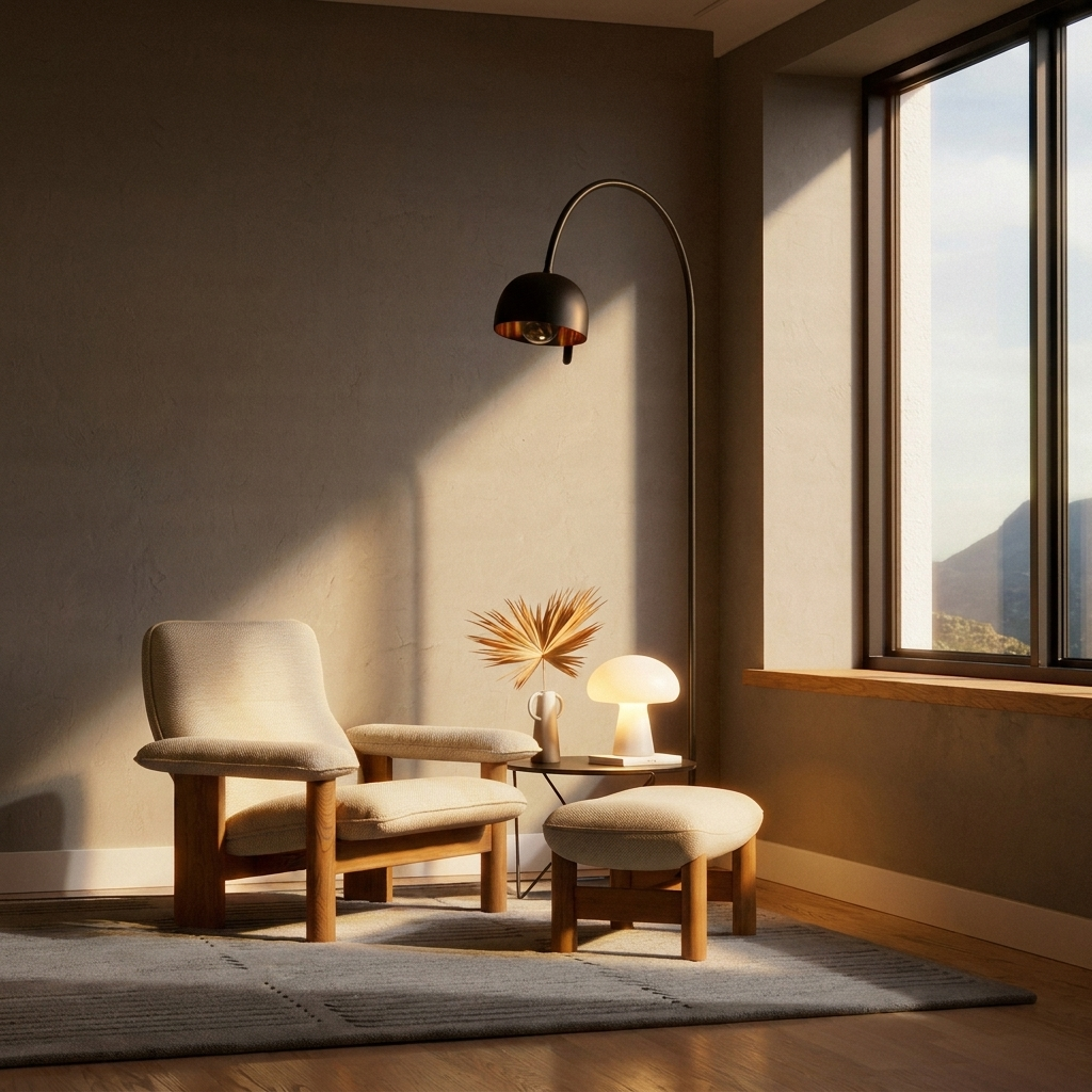 Ulla mushroom lamp glowing on a side table in a warm minimalist room