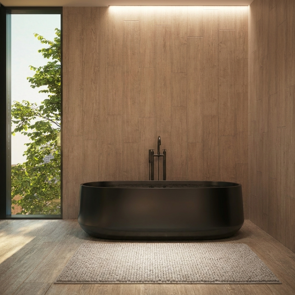 Nimbus bath rug in a warm modern bathroom