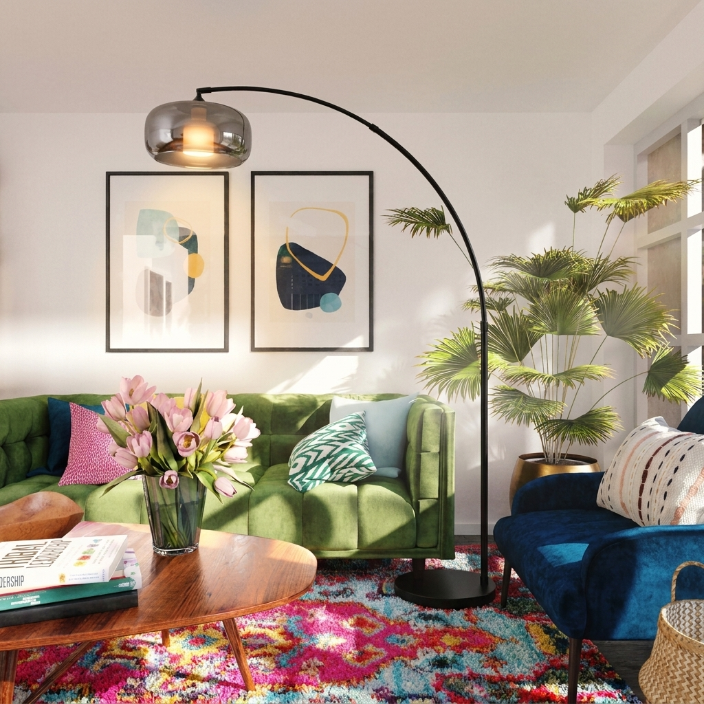 Dara arc floor lamp over a green velvet sofa in a bright mid-century room