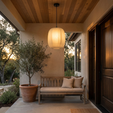 Runa outdoor pendant on a covered front porch at dusk — lifestyle