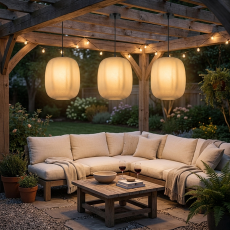 Runa outdoor pendants under a pergola over a lounge seating area at night — lifestyle
