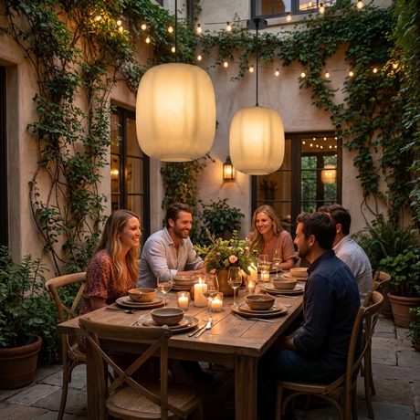 Runa outdoor pendants over a covered courtyard dinner party at night — lifestyle