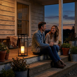 Ferro lantern on a farmhouse porch, couple on the steps at dusk — lifestyle