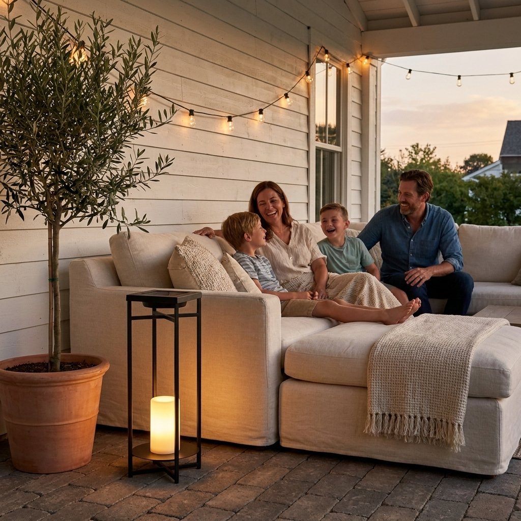 Ferro lantern on a covered farmhouse patio with family relaxing — lifestyle