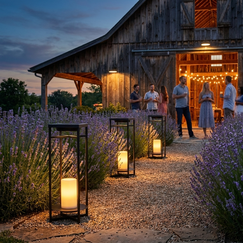 Ferro lanterns lining a lavender garden path to a barn gathering — lifestyle