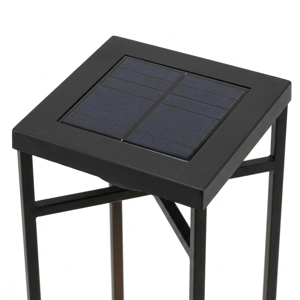 Ferro solar outdoor lantern — solar panel top detail on white