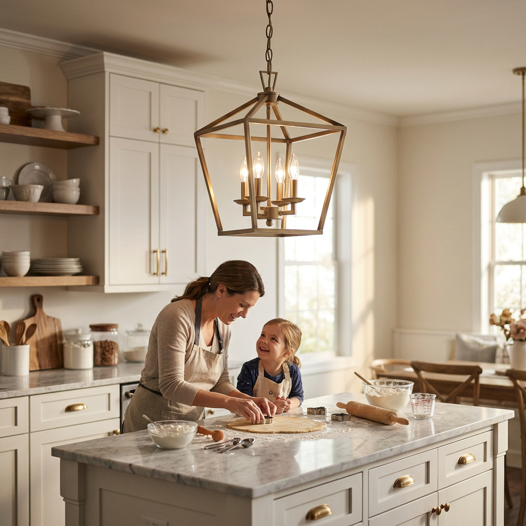 Kerri pendant over a farmhouse kitchen island, mom and daughter baking — lifestyle