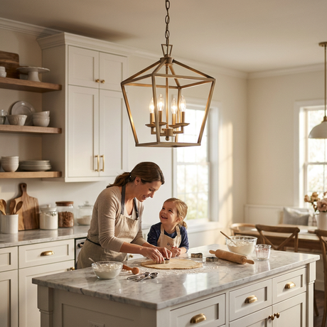 Kerri pendant over a farmhouse kitchen island, mom and daughter baking — lifestyle