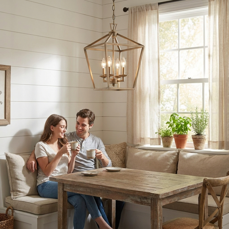 Kerri pendant over a farmhouse breakfast nook, couple with coffee — lifestyle