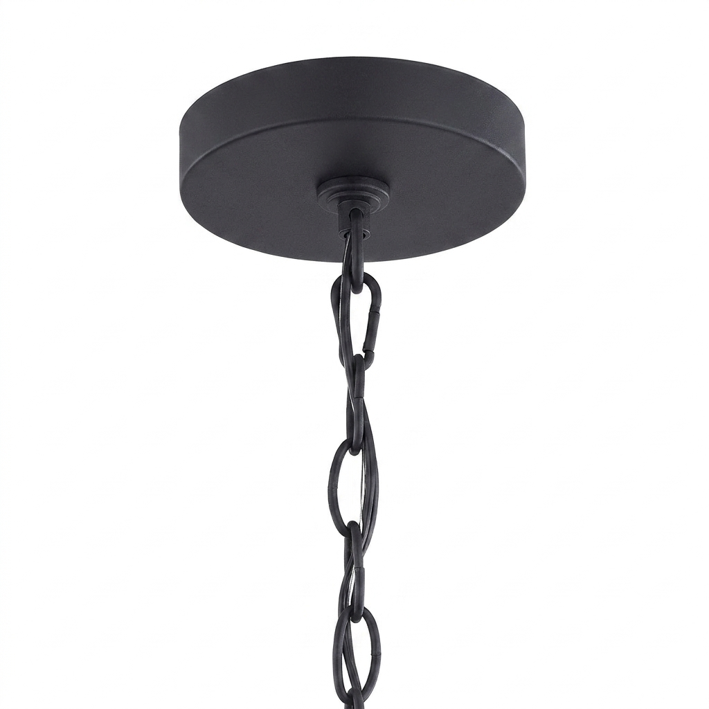 Kerri matte black cage pendant — canopy and adjustable chain detail on white