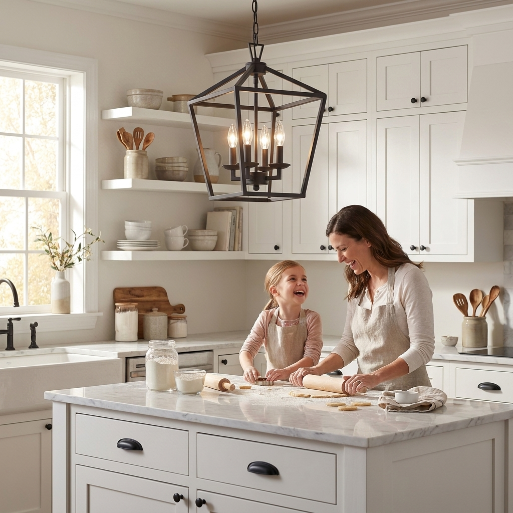 Kerri matte black pendant over a farmhouse kitchen island, mom and daughter baking — lifestyle