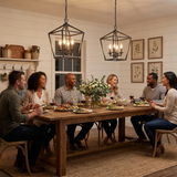 Kerri matte black pendants over a farmhouse dining table dinner party — lifestyle