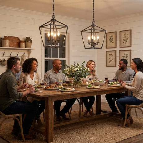 Kerri matte black pendants over a farmhouse dining table dinner party — lifestyle