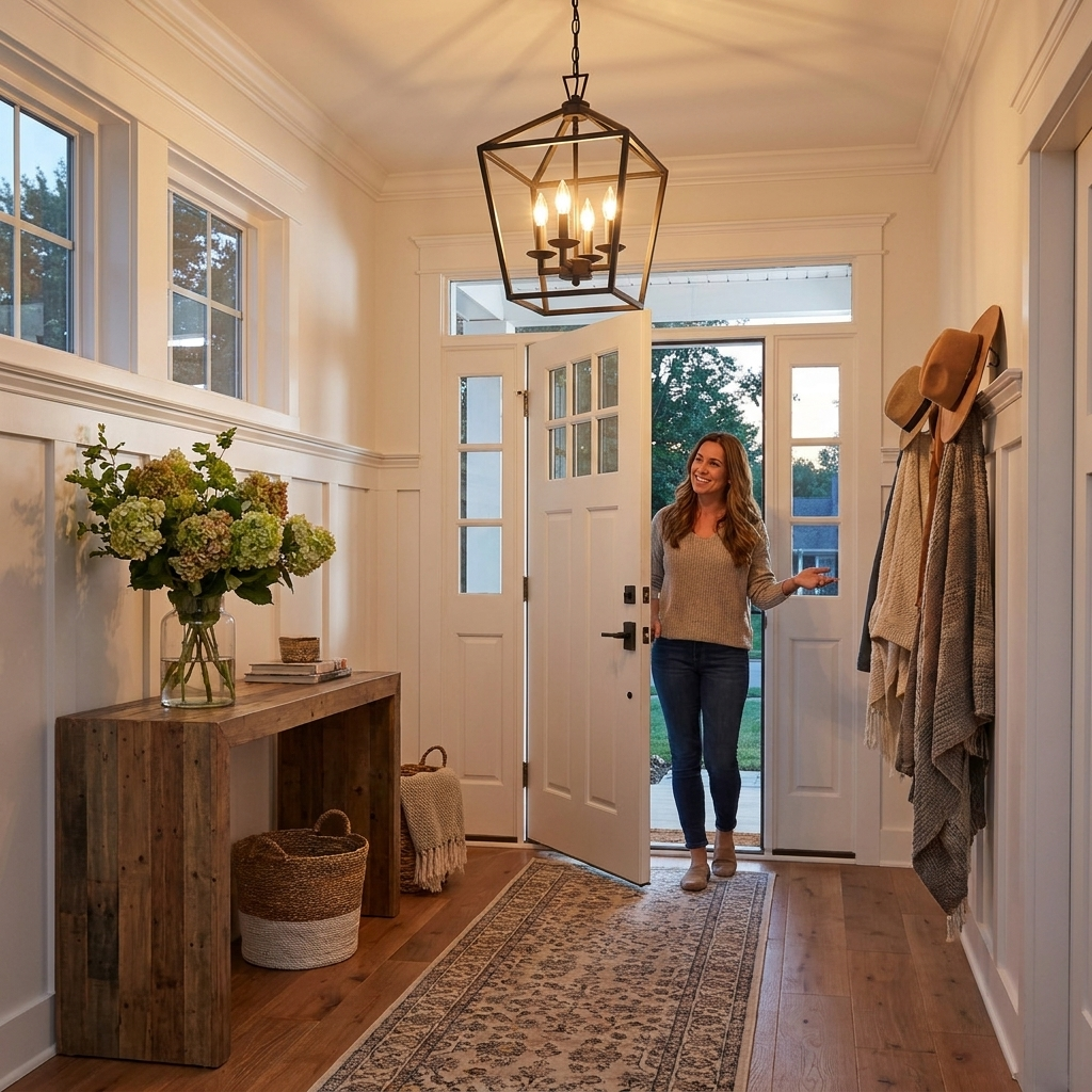 Kerri matte black pendant in a farmhouse entryway welcoming guests — lifestyle