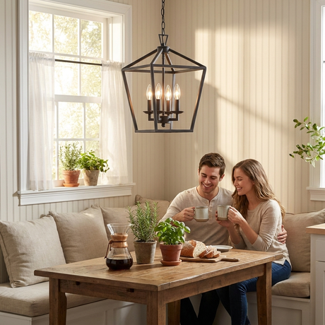 Kerri matte black pendant over a farmhouse breakfast nook, couple with coffee — lifestyle