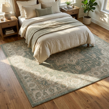 Wrenna sage medallion rug in a cozy bedroom — lifestyle