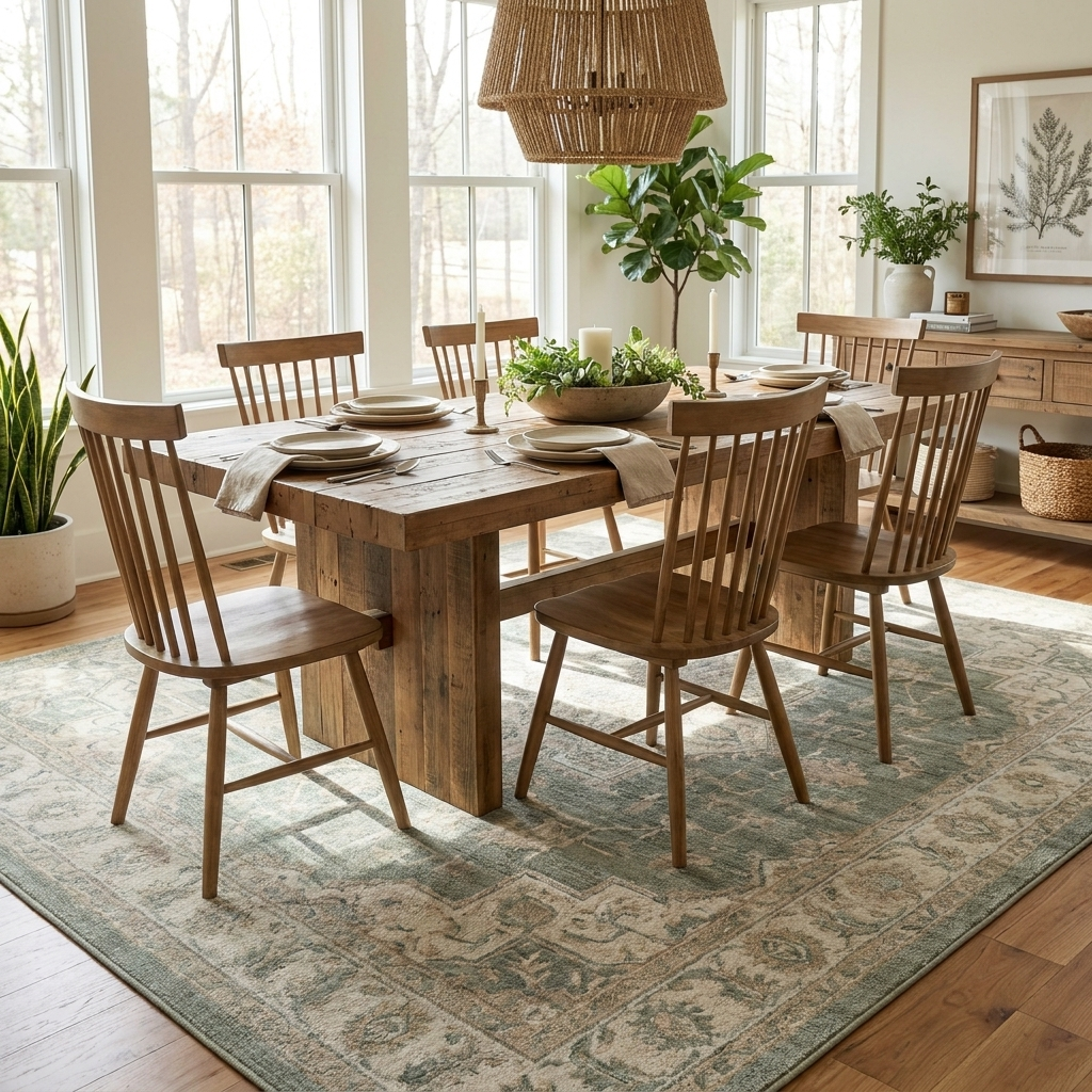 Wrenna sage medallion rug under a farmhouse dining table — lifestyle