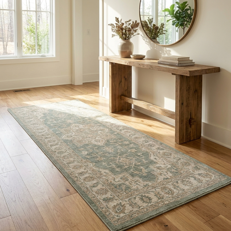 Wrenna sage medallion runner in a bright entryway — lifestyle