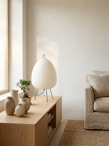Akari rice paper lamp on a wooden console in a minimalist living room