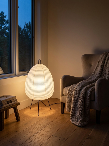 Akari rice paper lamp glowing beside a cozy reading chair at dusk
