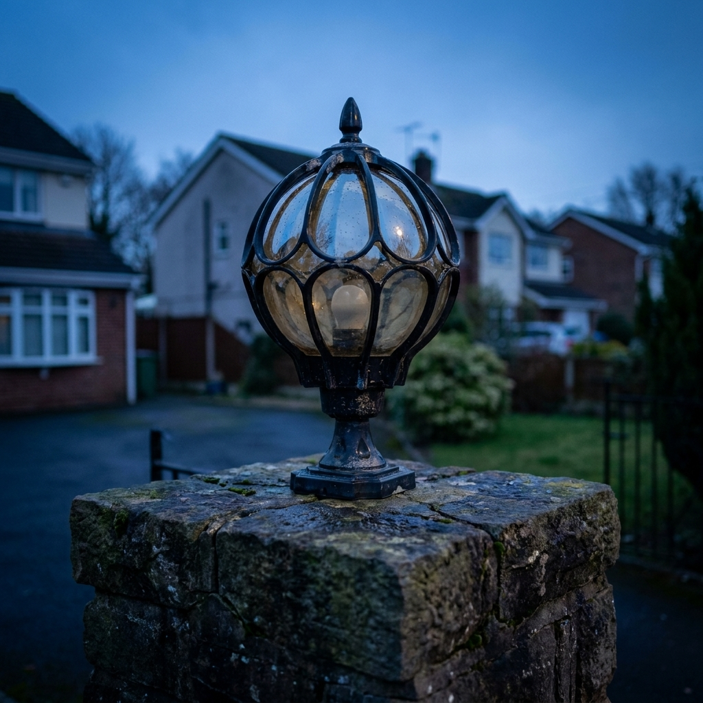 Lune globe pillar lantern on a stone gate post at blue hour with houses behind