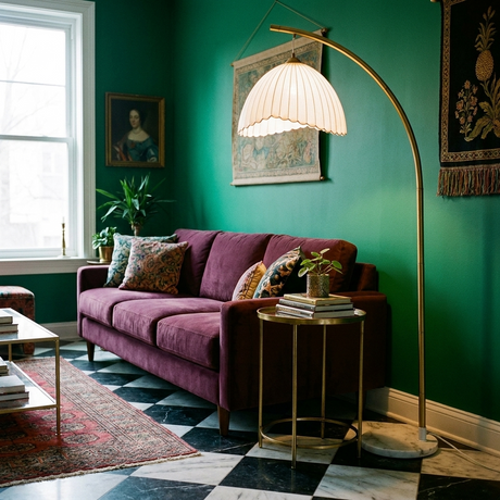 Arcadia brass arc floor lamp glowing over a plum velvet sofa in an emerald-green room with checkerboard floor