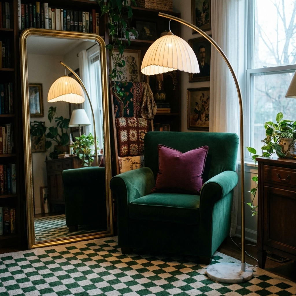 Arcadia arc floor lamp over an emerald velvet armchair with brass mirror and green checkerboard rug
