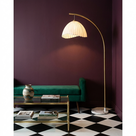 Arcadia arc floor lamp in a plum corner with emerald bench, brass table and checkerboard floor