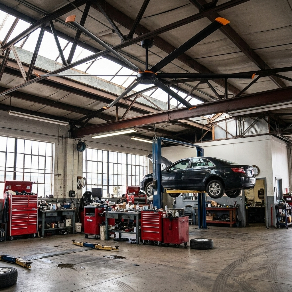 Isaac 120-inch HVLS industrial ceiling fan overhead in a busy auto mechanic shop with a car on the lift