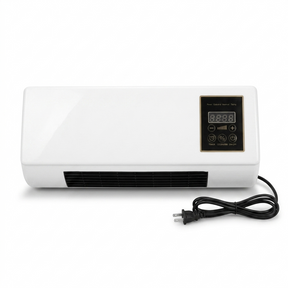 Vento wall-mounted mini air conditioner and heater — front view on white with control panel and cord