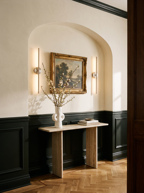 Lifestyle: pair of nickel Tarn wall sconces flanking a gilt landscape painting in an arched entry, shown to scale