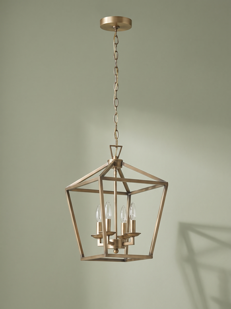 Kiel 4-light lantern pendant in soft gold on a sage backdrop