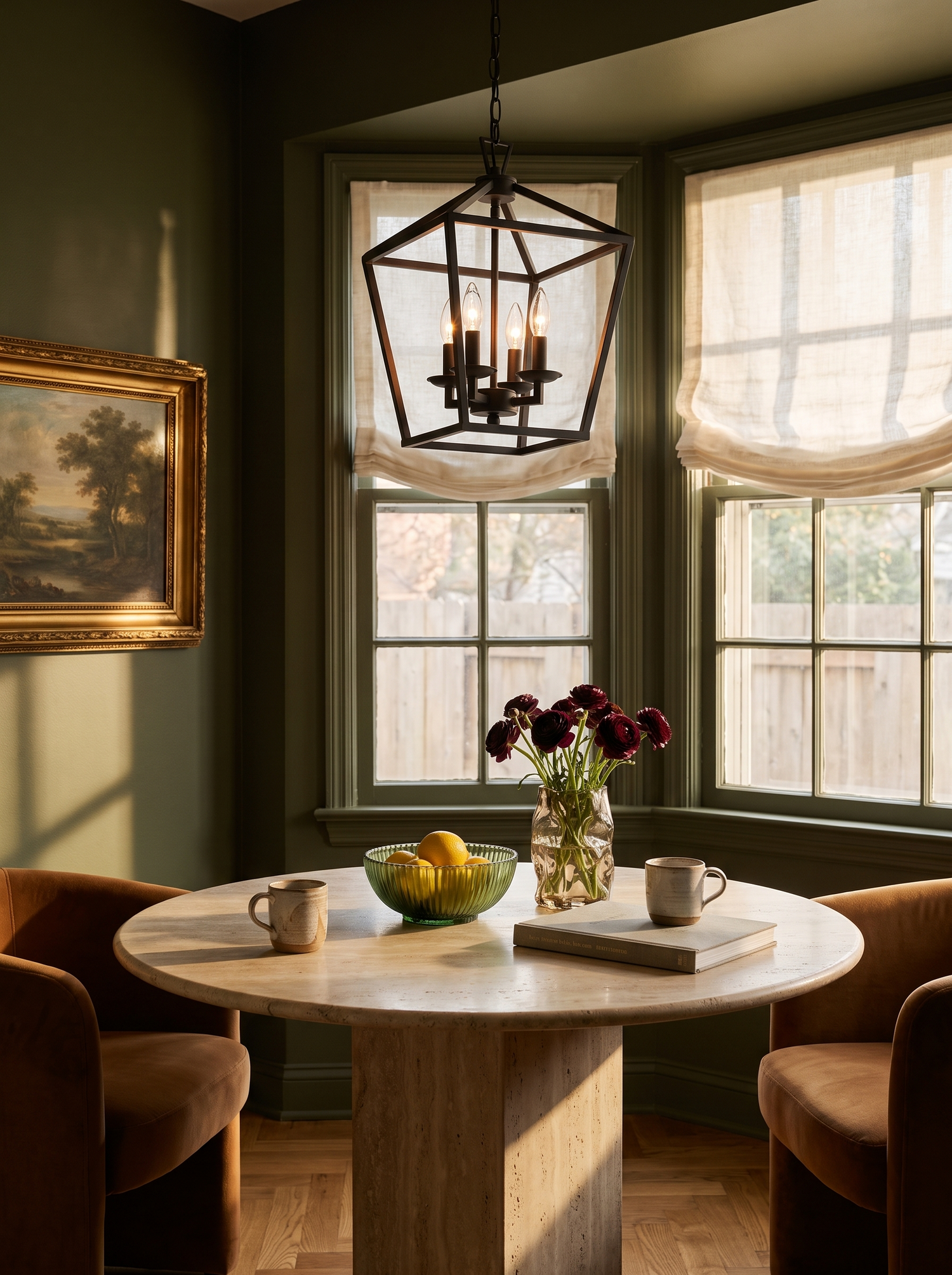Lifestyle: black Kiel lantern pendant over a travertine table in an olive breakfast nook with a bay window