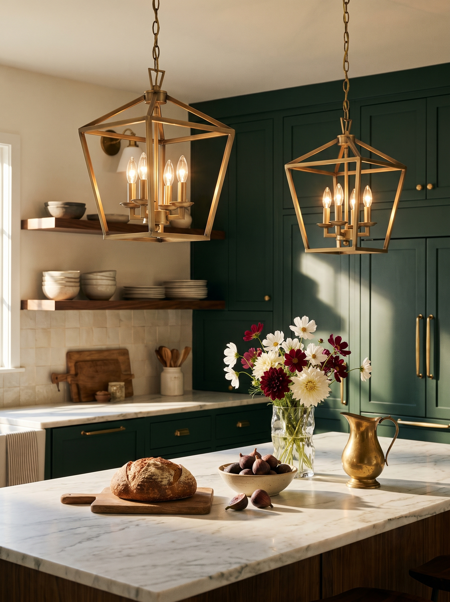 Lifestyle: pair of soft gold Kiel lantern pendants over a marble kitchen island with forest green cabinets