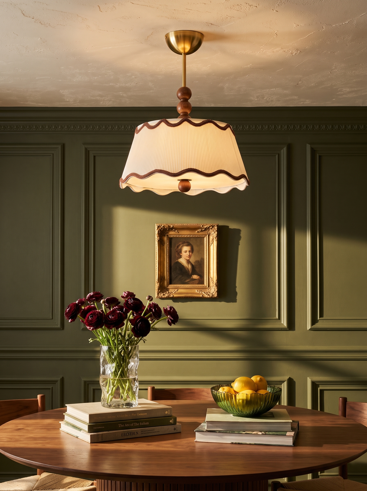 Lifestyle: Odette flush mount glowing over a walnut dining table in an olive-panelled room
