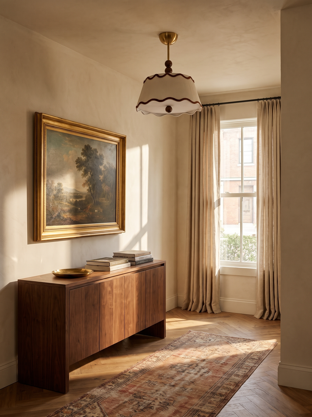 Lifestyle: Odette flush mount in a warm entryway showing its size