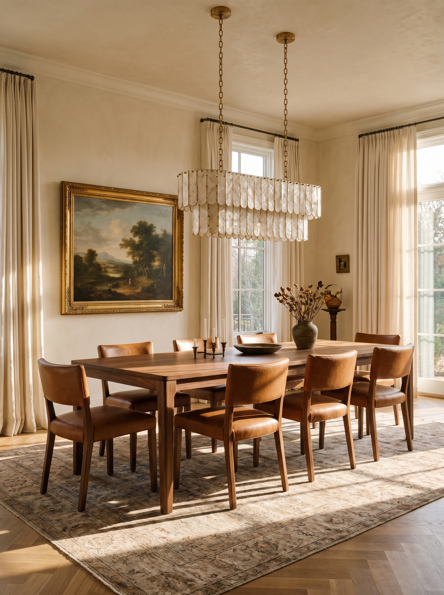 Lifestyle: Marelle oval shell chandelier over a long dining table showing its size