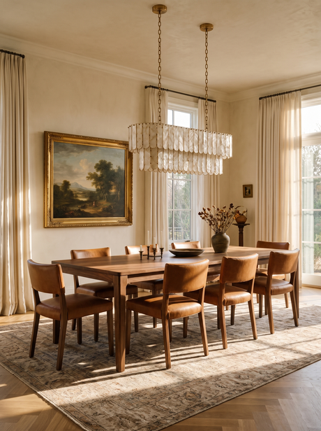 Lifestyle: Marelle oval shell chandelier over a long dining table showing its size