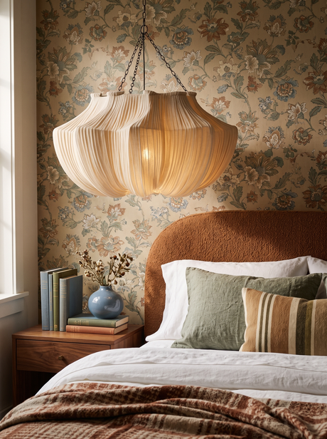 Lifestyle: Nessa fabric lantern chandelier above a bed with vintage floral wallpaper