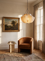 Lifestyle: Nessa fabric lantern chandelier in a living-room reading corner showing its size