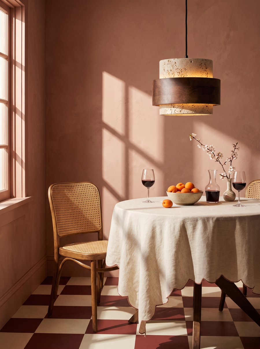 Lifestyle: Rune pendant glowing over a small round table in a pink plaster dining nook with a checkerboard floor